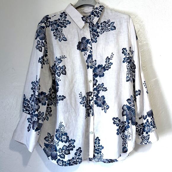CHICO'S 100% Linen Watercolor Floral Print Button Front Shirt Size 14/L - Picture 2 of 14